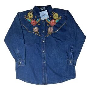Vtg Jeetish Pretty Bleu Blue Acid Washed Denim Beaded Sequin Embellished Shirt M